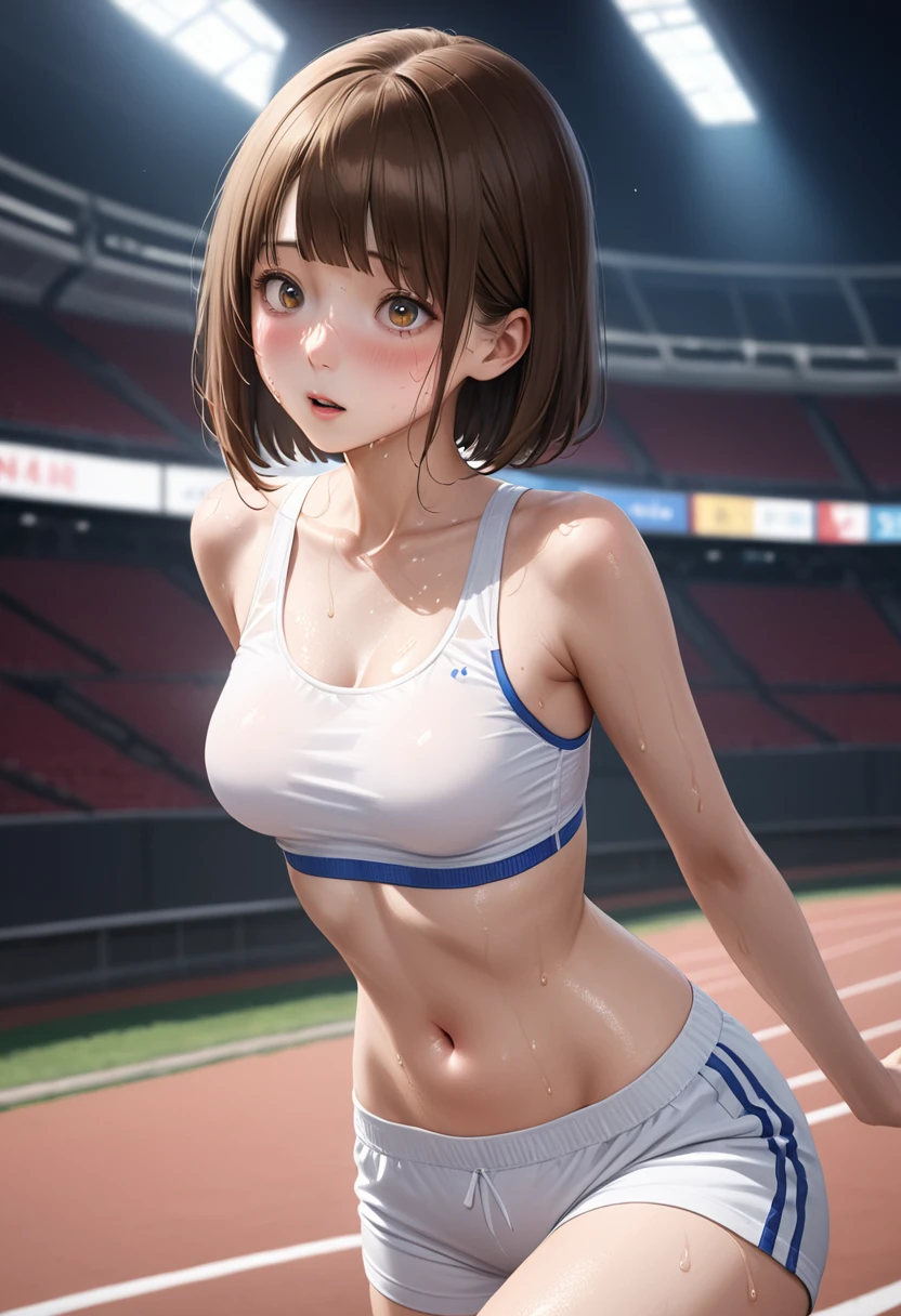 realistic,(masterpiece,Highest quality:1.3,best quality illustration),cowboy shot,1woman,20 year old Japanese beauty,very small head,(short bob brown hair),bangs,brown eyes,gorgeous eyes,blush,Heavy breathing,medium breasts,((very long body:1.3)),(toned body,slender body,skinny:1.5,White sports bra、navel、White sports shorts),gleaming skin,shiny skin,oily skin,(sweat:1.5),Run,Arena、Tokyo、