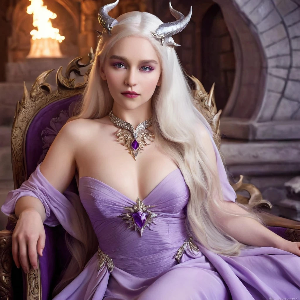 Queen of the White Dragon, young woman, "EMÍLIACLARKE", elegant violet dress, large breast, Curvy, hair blonde targaryen, Super Long Hair, soft facial features, White dragon horns on his head, majestic woman, silver jewelry decoration on her lilac dress, Silver Star Queen, Big violet eyes, nud lips, White dragons, starly sky