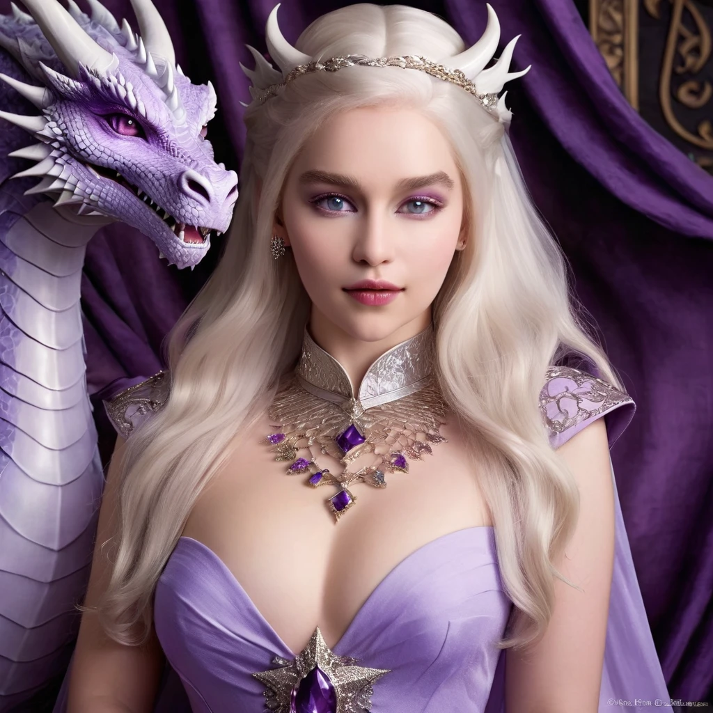 Queen of the White Dragon, young woman, "EMÍLIACLARKE", elegant violet dress, large breast, Curvy, hair blonde targaryen, Super Long Hair, soft facial features, White dragon horns on his head, majestic woman, silver jewelry decoration on her lilac dress, Silver Star Queen, Big violet eyes, nud lips, White dragons, starly sky