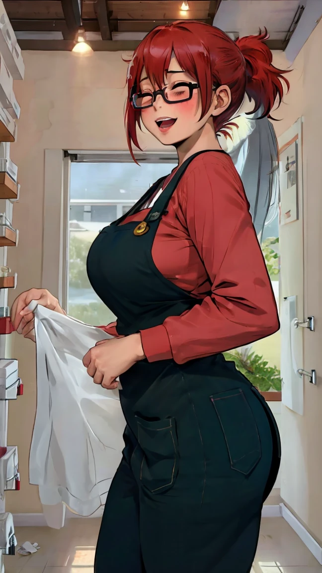 fuyumi todoroki, 1girl, Thick, ass view, solo, breasts, big ass, blush, smile, short hair, open mouth, bangs, long sleeves, medium breasts, standing, closed eyes, ponytail, white hair, :d, red hair, multicolored hair, glasses, teeth, pants, indoors, apron, two-tone hair,