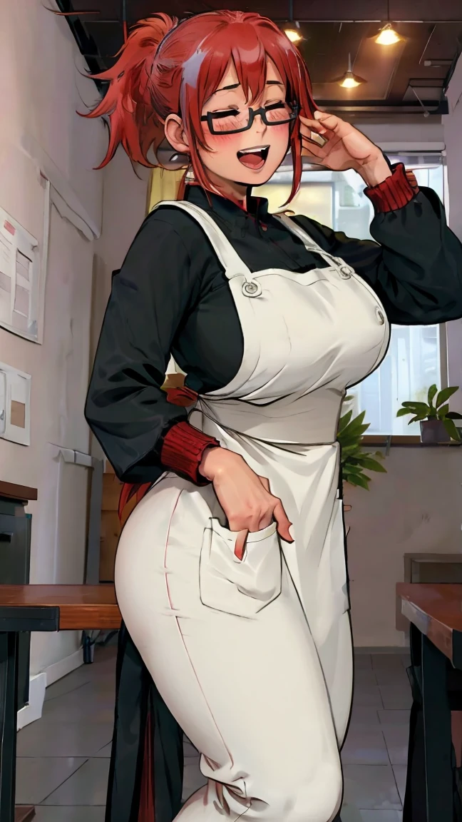 fuyumi todoroki, 1girl, Thick, ass view, solo, breasts, big ass, blush, smile, short hair, open mouth, bangs, long sleeves, medium breasts, standing, closed eyes, ponytail, white hair, :d, red hair, multicolored hair, glasses, teeth, pants, indoors, apron, two-tone hair,