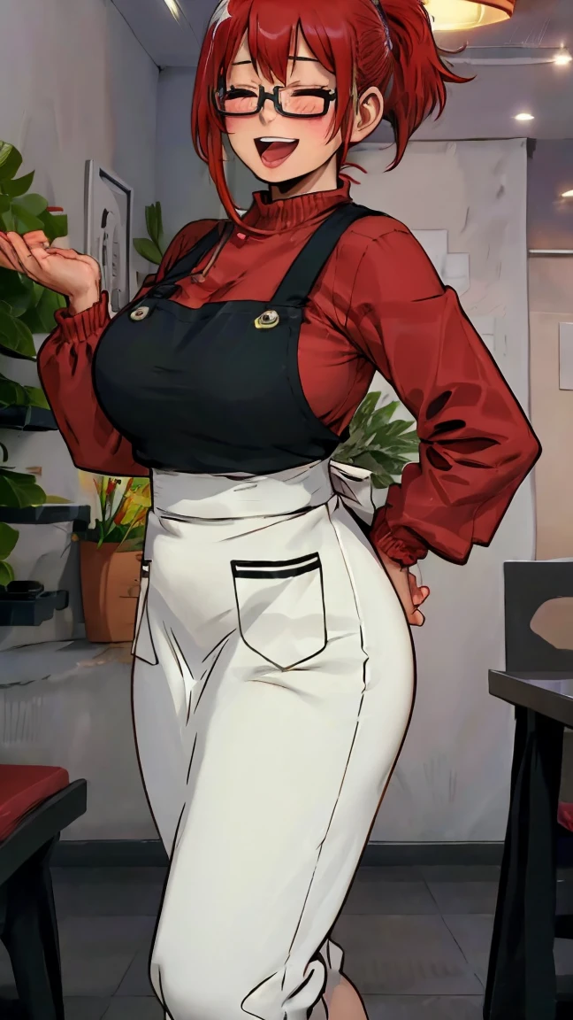 fuyumi todoroki, 1girl, Thick, ass view, solo, breasts, big ass, blush, smile, short hair, open mouth, bangs, long sleeves, medium breasts, standing, closed eyes, ponytail, white hair, :d, red hair, multicolored hair, glasses, teeth, pants, indoors, apron, two-tone hair,