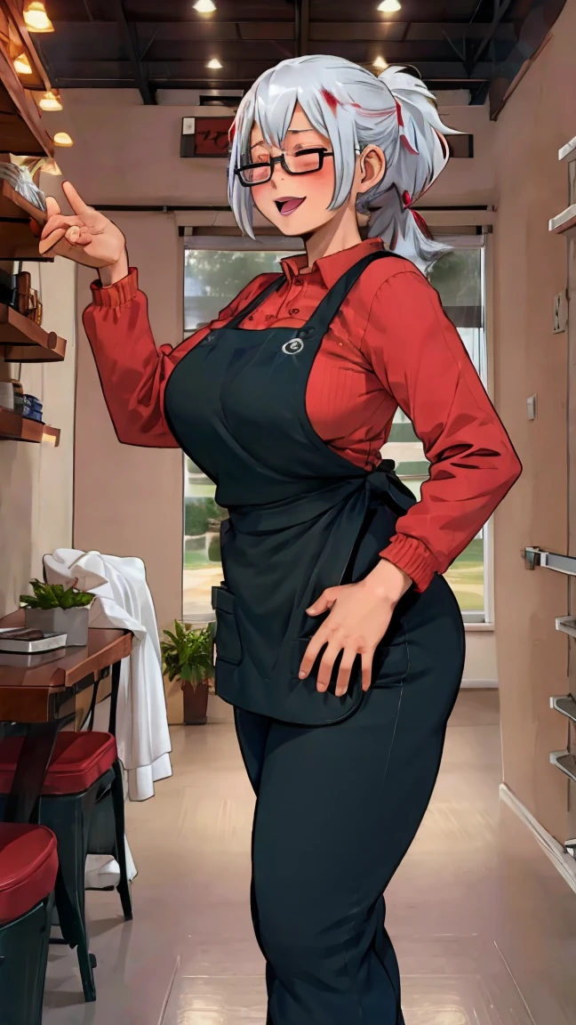 fuyumi todoroki, 1girl, Thick, ass view, solo, breasts, big ass, blush, smile, short hair, open mouth, bangs, long sleeves, medium breasts, standing, closed eyes, ponytail, white hair, :d, red hair, multicolored hair, glasses, teeth, pants, indoors, apron, two-tone hair,