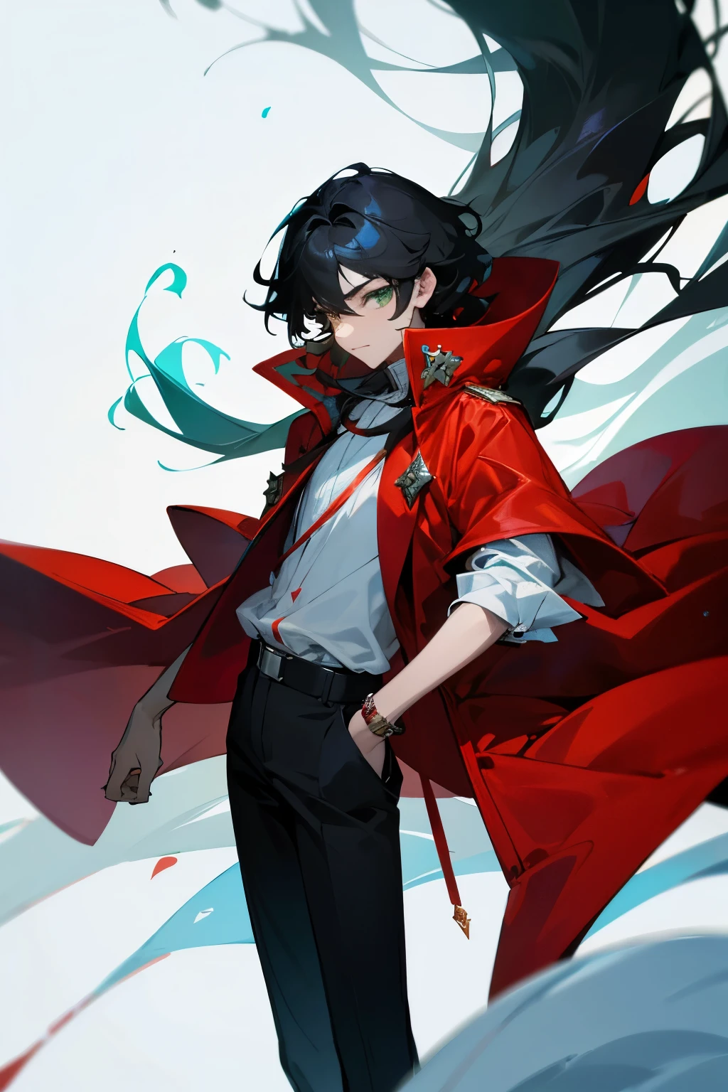 prince, Skinny guy, sorcerer, green eyes, black hair, Red jacket, White shirt, ice magic, , full height
