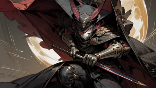 masterpiece,best quality,super detailed,super fine illustration,anime style,8K,mascarede mask,uniform,military cap,Cape,sheath,)holding in right hand:1.3_katana),Taisho Romance,moon,robot,MECA,droid,Luo Linghun,perfect mask,cool posing,perfect hands,Warrior
