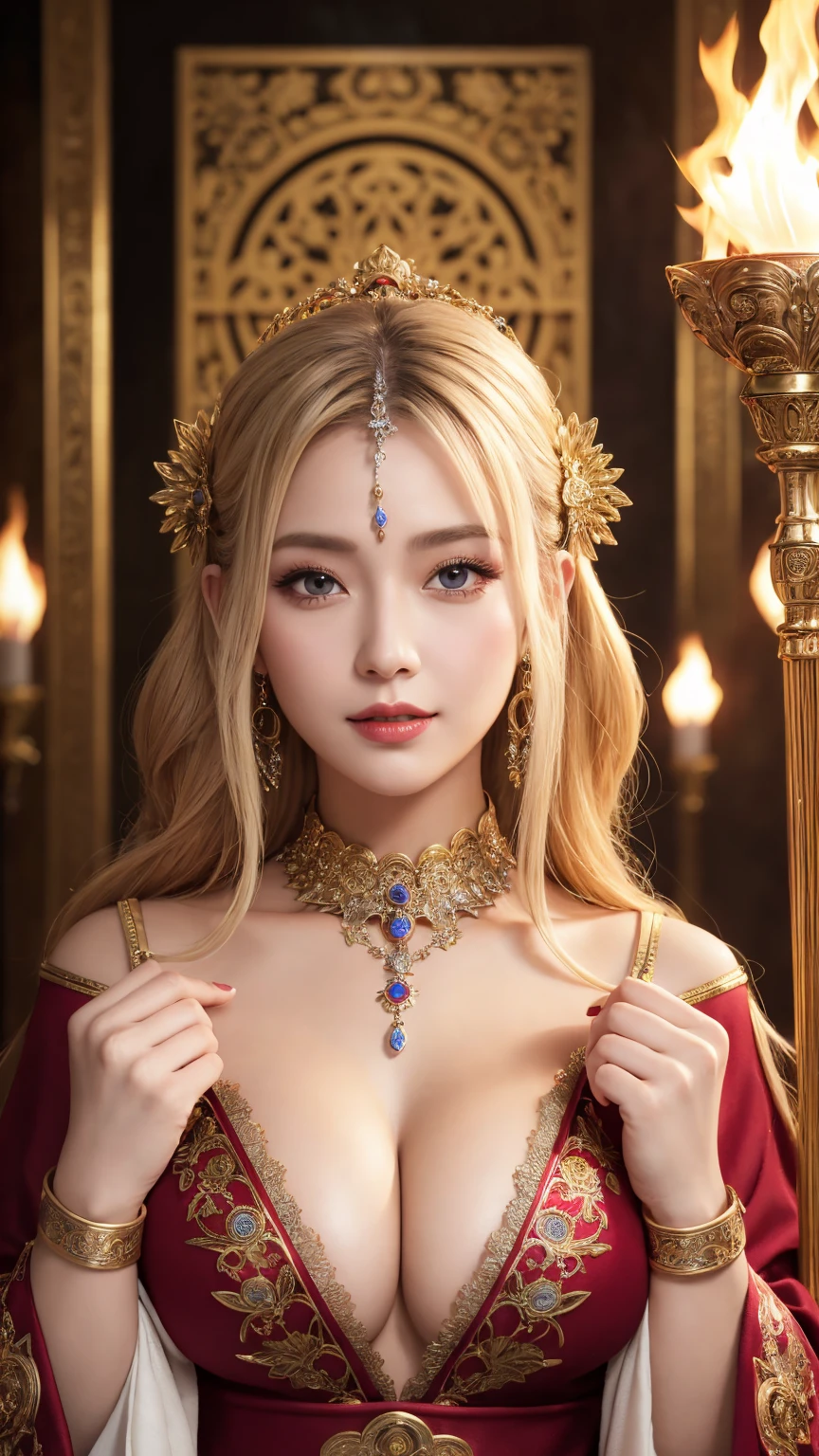 (hyper realstic)、Ancient priestess、のFemale Shaman、
immensity　Beautie　high-level image quality　hight resolution　Realistic　Shorthair　a blond、　a blonde woman、A MILF、Middle-aged woman、((Big big))、detailed skin textures、超hight resolution、Realistic、Voluptuous body shape、A smile、Middle-aged beauty、Beautiful expression、With detailed red-black areola 、little purple ailfi long blonde hair、Kamimei、Very delicate and detailed skin textures、３５Female Shaman、{(Ancient ornate and luxurious temples)、(A lot of torches are burning)}、Ancient priestess、Large cleavage、Large open neckline、big red lips、(Gorgeous black outfit and luxurious accessories)、I have an ornate platinum wand、