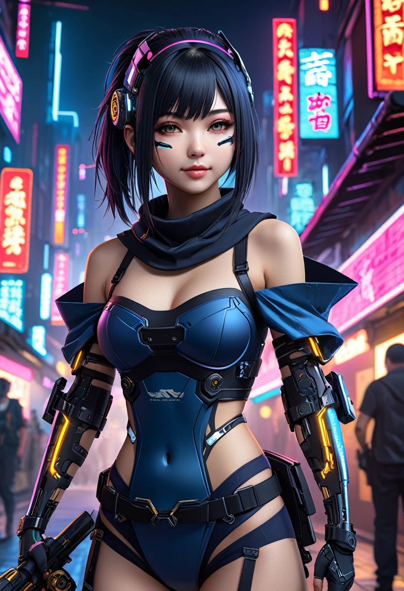((Cyborg Ninja Girl))、Cyberpunk Girl、Digital Cyberpunk Art、( (Digital Cyberpunk Art))、nice dress、Ultra high definition、masterpiece、correct、Anatomically correct、Textured skin、Very detailed、High detail、high quality、最high quality、High resolution、8K、Raw photo、whole body、Beautiful Teenage Woman、One Japanese woman、Big beautiful e(Medium chest)、(((Short black hair)))、(((Wearing a navy blue cyberpunk mechanical ninja outfit)))、(((Off-the-shoulder ninja outfit)))、(Cyberpunk city)、(Attaching the mechanical bowl)smile、Japanese girl、