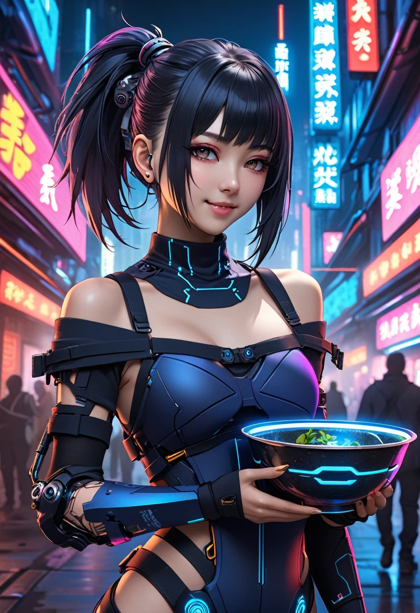 ((Cyborg Ninja Girl))、Cyberpunk Girl、Digital Cyberpunk Art、( (Digital Cyberpunk Art))、nice dress、Ultra high definition、masterpiece、correct、Anatomically correct、Textured skin、Very detailed、High detail、high quality、最high quality、High resolution、8K、Raw photo、whole body、Beautiful age Woman、One Japanese woman、Big beautiful e(Medium chest)、(((Short black hair)))、(((Wearing a navy blue cyberpunk mechanical ninja outfit)))、(((Off-the-shoulder ninja outfit)))、(Cyberpunk city)、(Attaching the mechanical bowl)smile、Japanese girl、