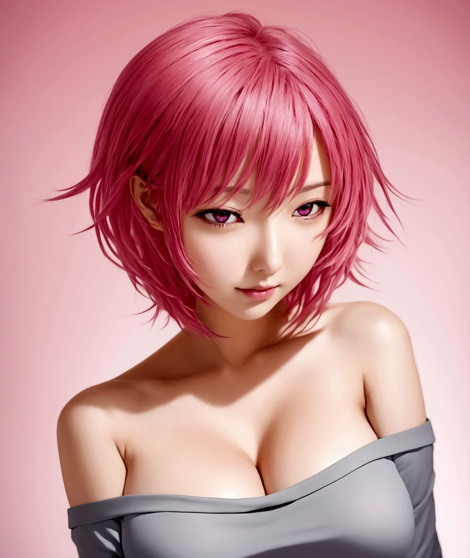 1girl, solo, breasts, looking at viewer, blush, short hair, simple background, shirt, white background, cleavage, medium breasts, upper body, pink hair, pink eyes, off shoulder, hair twirling, saigyouji yuyuko, momo velia deviluke