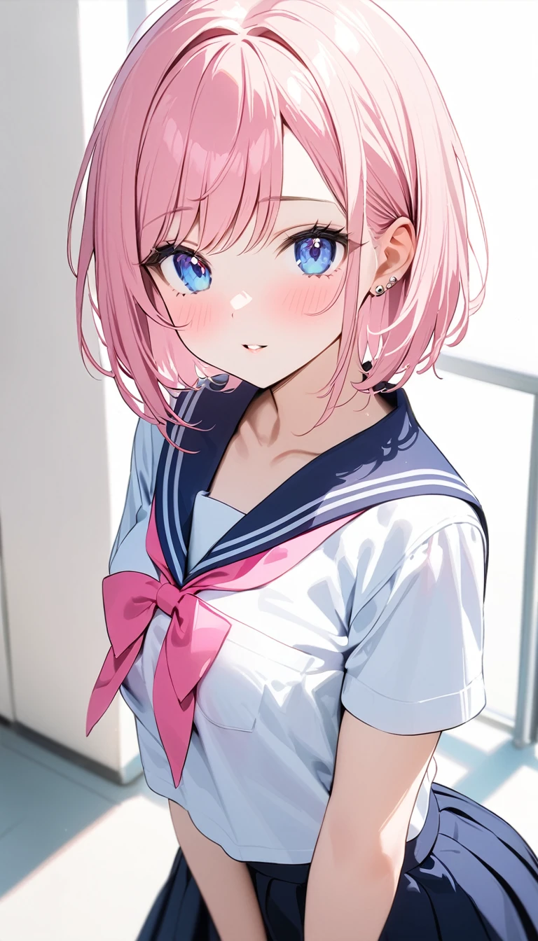 (1 girl),(Best Picture Quality, 8K, Masterpiece:1.3), (high school student:1.5), ((pink lob hair:1.1)), (bob cut),(swept bangs), (cute eyes, pupil black, iris skyblue, youthful face), (mole under right eye), (standard weight), (small breasts), (glistening skin:1.1),(pale skin:1.2), ((Gyaru fashion:1.4), white sailor short sleeve simple shirt, darkblue skirt, darkblue sailor collar, pink ribbon)),