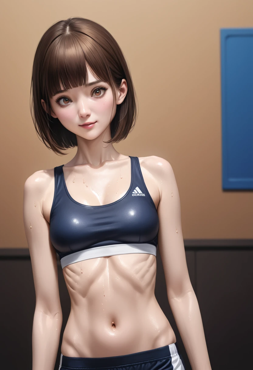 realistic,(masterpiece,Highest quality:1.3,best quality illustration),cowboy shot,1woman,20 year old Japanese beauty,very small head,(short bob brown hair),bangs,brown eyes,gorgeous eyes,blush,smile,medium breasts,((very long body:1.3)),((toned body,slender body,skinny:1.3)),(Sports Bra、navel、Sports shorts),gleaming skin,shiny skin,(sweat:1.3),standing,Arena、Tokyo、