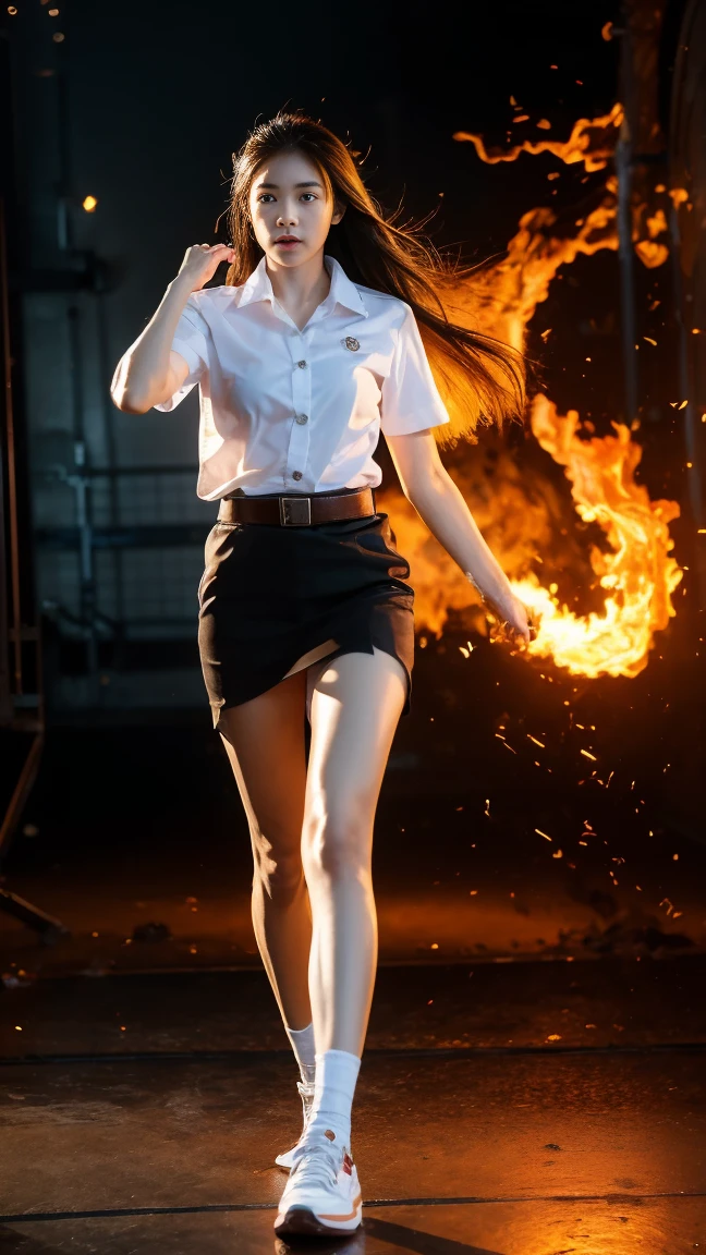 18 year old woman in Thai university uniform, white shirt, black skirt, brown belt, white sneakers, dark background, fire goddess, creating fire from hand, fire on the background, fire around her body, walk thru fire, high detail, realistic, cinematic scene, dynamic pose
