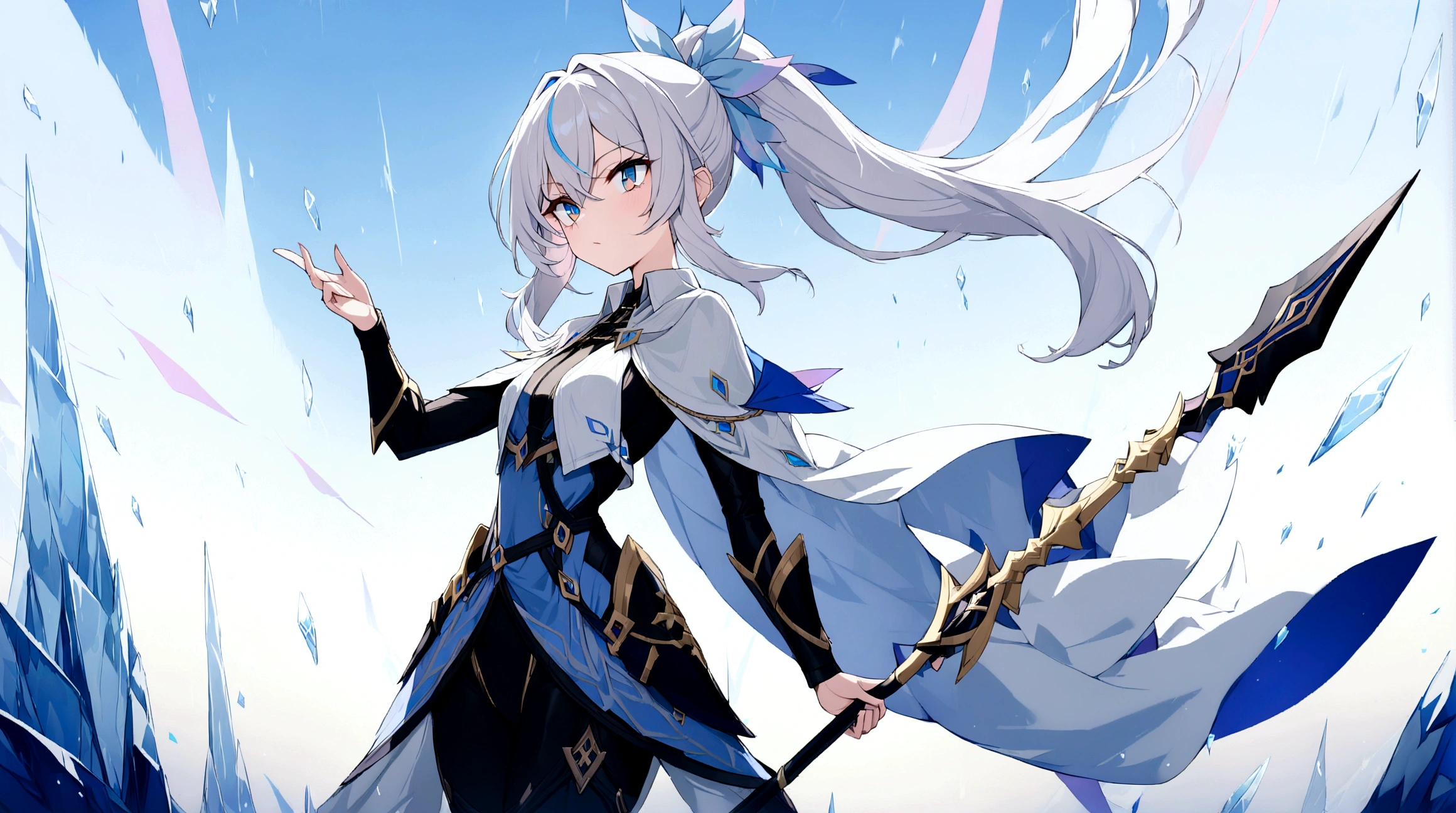 (1girl, Masterpiece, best quality) (detailed and beautiful eyes:1.6) (perfect hands, perfect anatomy) (full body)) Fierce warrior girl with long white hair in a high ponytail and striking red eyes. She wears sleek, modern armor in blue and black with gold and silver details, and a white, high-collared cape with blue and gold accents. She holds a long spear in her right hand and points forward with her left hand. The background should be an icy landscape with crystalline formations and a cold, blue sky, reflecting light off the ice for a mystical atmosphere. Capture her determined and focused expression, conveying a sense of readiness and strength.