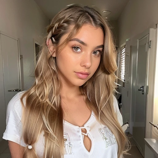 italiana hermosa from , brown blonde ,rostro angelical y tierna , long hair hairstyle Semi updo with braid and thick waves Blonde with light roots , in the bathroom with clothes ,(( foto realista de noche), ((pechos normales )),((rostro angelical)),((foto entera de cuerpo con ropa ),((blonde hair with roots )), ((ropa de noche), cabello rubio ,Ojos castanhos claros , cuerpo completo ,Realista, un muy elegante, of celestial roots, rubia pelo, con ropa ,de noche,LUT de Instagram, from 17 years old