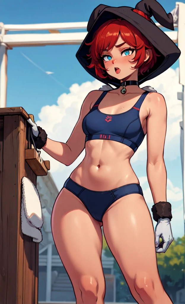 Dwarf Pygmy Slender Modest chest Cat eyes Chestnut-like mouth Red cheeks Short messy blue hair Amber eyes Dark skin Sunburn sports bra Spats Gloves Short boots Belt Choker White fur hood Navel Groin Thighs