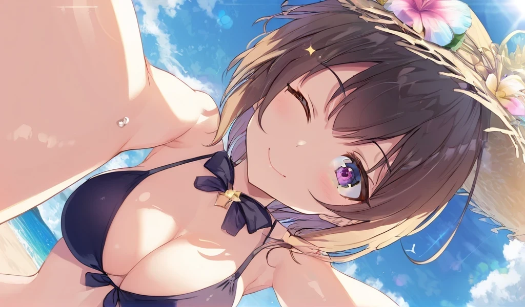  （（Highest quality））（masterpiece））（detailed）sexy ,比基尼, Beach, one eye closed, looking down, Beautiful Eyes
