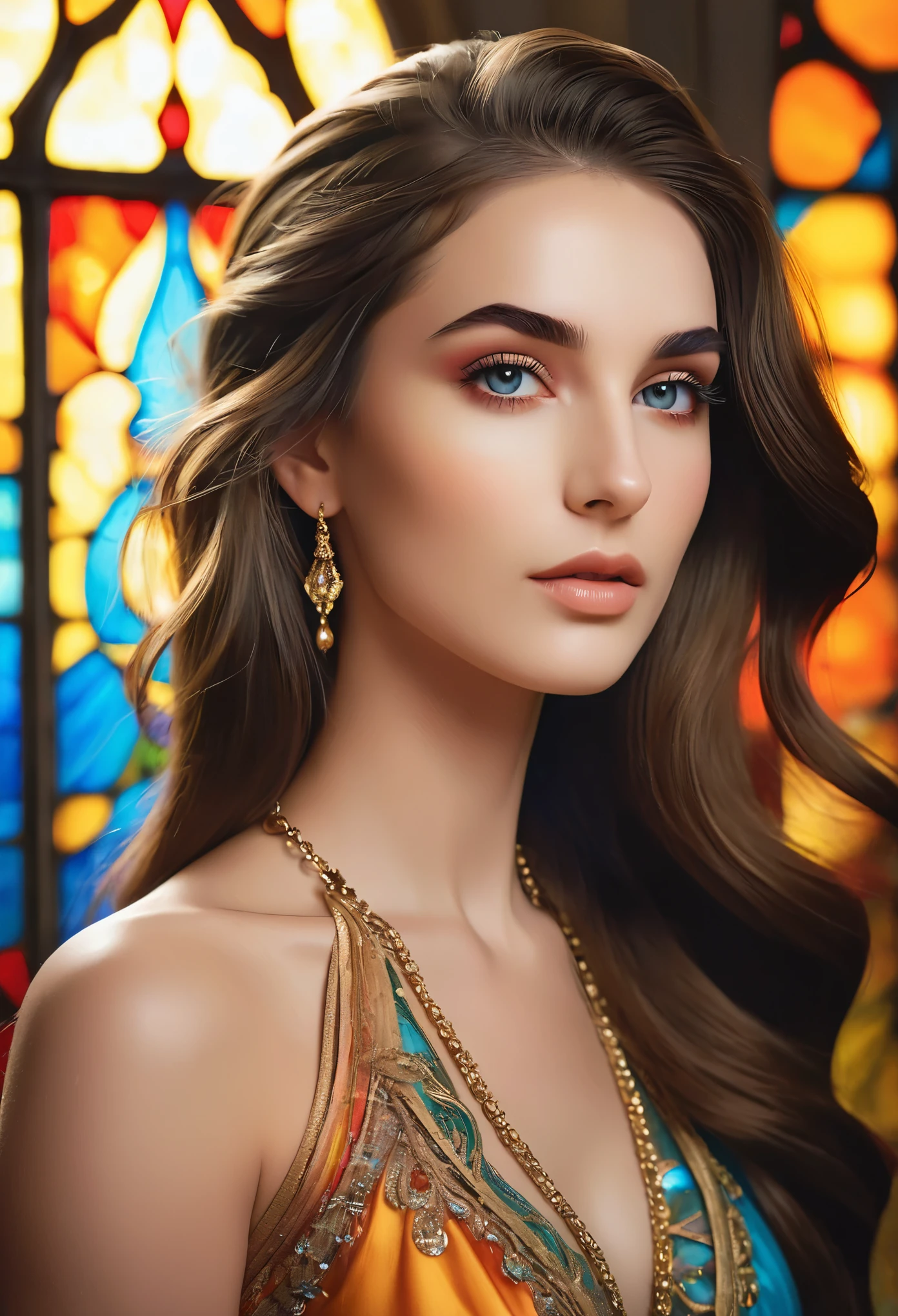 (masterpiece, Highest quality, Highest quality, Official Art, beautifully, aesthetic:1.2),(One girl:1.3), One girl BREAK stained glass a, (She is half French, and is a stunning beauty with detailed eyes and a high nose:1.1), thick eyebrows, detailed facial features, long graceful neck, rt, Colored Glass, Lead wire, Light transmission BREAK Vivid colors, Intricate Design, Glowing effect, Spiritual atmosphere, (She is half French, and is a stunning beauty with detailed eyes and a high nose:1.1), thick eyebrows, detailed facial features, long graceful neck, flowing locks of hair, poised and elegant posture, dreamy atmosphere, Surrealism, mystical aura, Charlie Bowater,