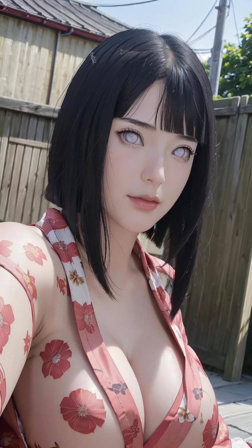 masterpiece, hinata\(boruto\), 1girl, mature women, (((Red floral satin kimono with spaghetti strap top))), (((Selfie))), (((Close-up photo))), (((Closed Clothing))), (((cleavage))), (((big breasts))), (((very big breasts))), (((big round breasts))), (((round breasts))), (((extremely heavy breasts))), (((Colossal tits))), (((heavy breasts))), (((plump breasts))), (((perfect breasts))), (((outdoor))), (shy face), detailed lips, beautiful face, blush, (pink lips), (((long hair))), white eyes, gentle gaze, smile, super realistic, detailed, realistic face and body, realistic hair, realistic eyes, realistic nose, realistic lips, seductive pose, (((straight bangs))), (dark blue hair), 28 year old girl