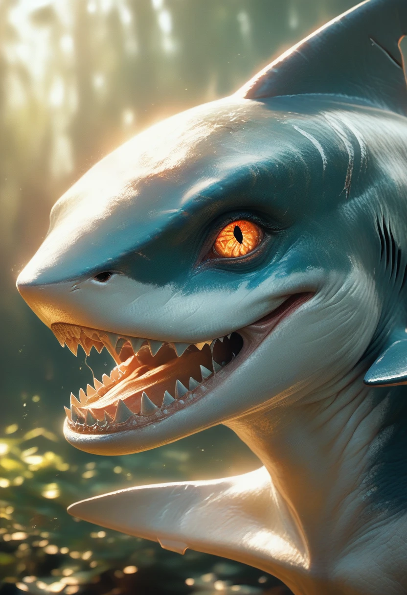 surreal hybrid girl with shark,detailed portrait,beautiful detailed eyes,beautiful detailed lips,extremely detailed face and features,longeyelashes,detailed scales covering body,sharp shark teeth,dramatic lighting,cinematic composition,(best quality,4k,8k,highres,masterpiece:1.2),ultra-detailed,(realistic,photorealistic,photo-realistic:1.37),digital art,concept art