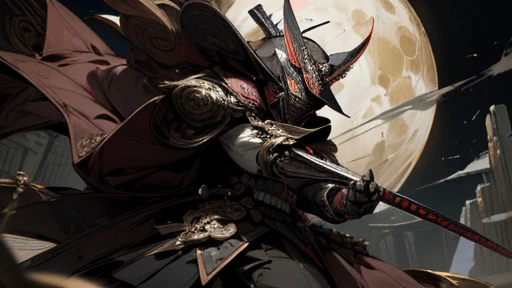 masterpiece,best quality,super detailed,super fine illustration,anime style,8K,mascarede mask,uniform,military cap,Cape,sheath,)holding in right hand:1.3_katana),Taisho Romance,moon,robot,MECA,droid,Luo Linghun,perfect mask,cool posing,perfect hands,Warrior,stylish