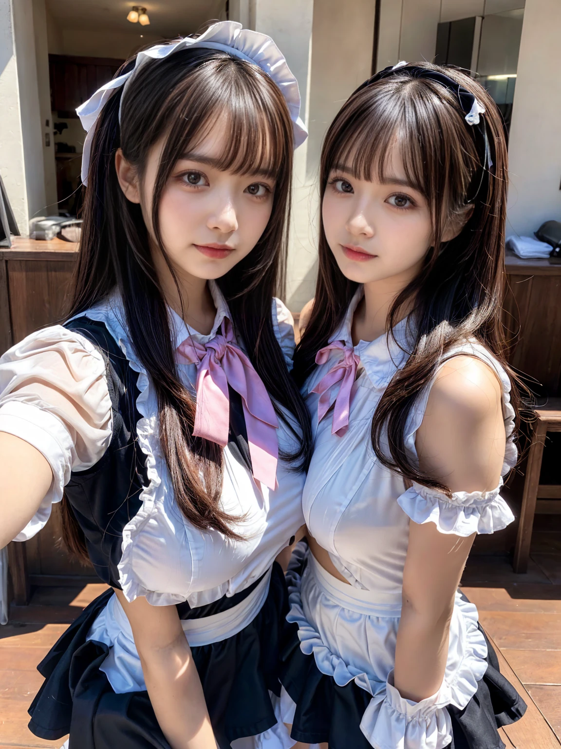 (2girls, twins:1.3), (beauty girls, delicate girls:1.3), (20 years old:1.3),
break, (cute maid uniform, ruffle blouse, pink ribbon tie, skirt:1.2),
break, (maid cafe:1.2),
break, very fine eyes, (symmetrical eyes:1.3),
break, (huge breasts:1.2), brown eyes, parted bangs, brown hair, Voluptuous things,
break, (eyes and faces with detailed:1.0),
break, (masterpiece, best quality, ultra detailed, detailed face, 8k)
