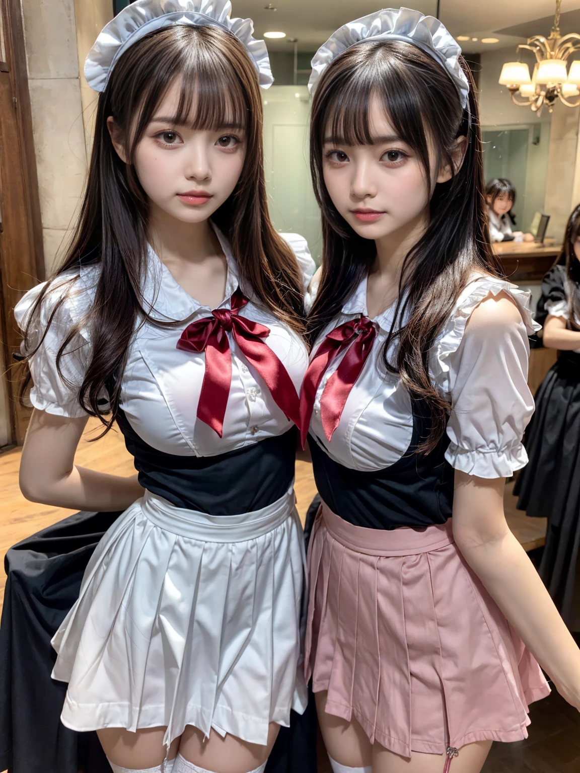 (2girls, twins:1.3), (beauty girls, delicate girls:1.3), (16 years old:1.3),
break, (cute maid uniform, ruffle blouse, pink ribbon tie, skirt:1.2),
break, (maid cafe:1.2),
break, very fine eyes, (symmetrical eyes:1.3),
break, (very huge round breasts:1.2), brown eyes, parted bangs, brown hair,
break, (eyes and faces with detailed:1.0),
break, (masterpiece, best quality, ultra detailed, detailed face, 8k)