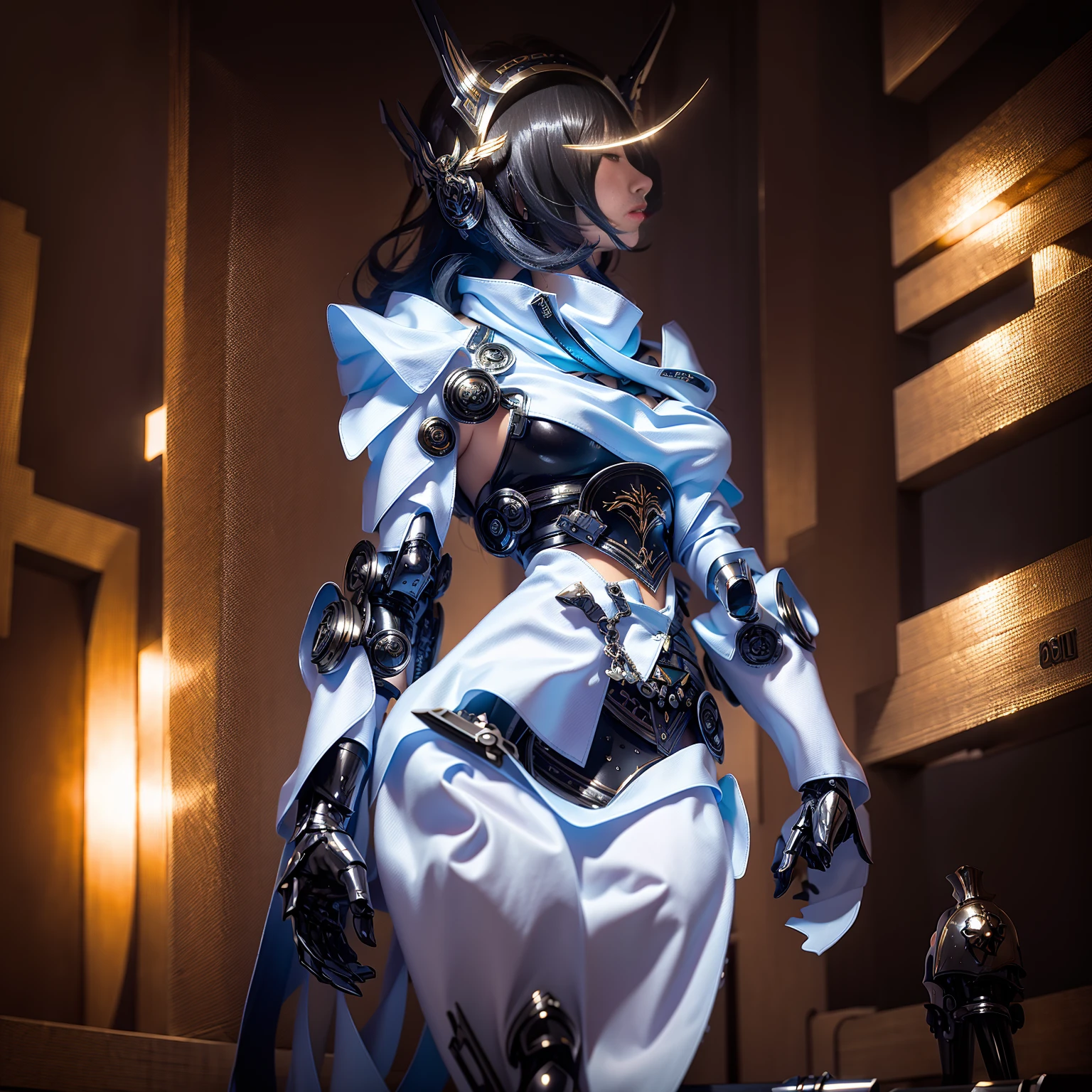 Super Detail, High Detail, high quality, best quality, High resolution,a robot valkyrie,Beautiful female robot,beautiful clear face(Rain waves_haneame:1.5)(Transparent face mask covering),Mechanical body(Smooth metal surface,armor,Mechanical seams of skin,beautiful body curves),Valkyrie Armor(Mechanical Technology,Highlight breast contour),beautiful body curves,Holding a silver sword in hand,handsome pose
