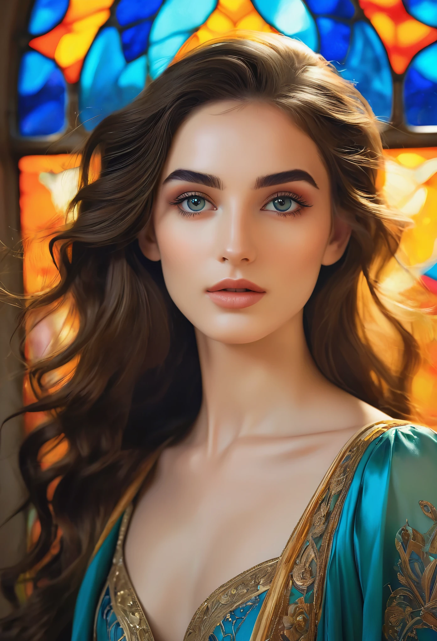 (masterpiece, Highest quality, Highest quality, Official Art, beautifully, aesthetic:1.2),(One girl:1.3), One girl BREAK stained glass a, (She is half French, and is a stunning beauty with detailed eyes and a high nose:1.1), thick eyebrows, detailed facial features, long graceful neck, rt, Colored Glass, Lead wire, Light transmission BREAK Vivid colors, Intricate Design, Glowing effect, Spiritual atmosphere, (She is half French, and is a stunning beauty with detailed eyes and a high nose:1.1), thick eyebrows, detailed facial features, long graceful neck, flowing locks of hair, poised and elegant posture, dreamy atmosphere, Surrealism, mystical aura, Charlie Bowater,