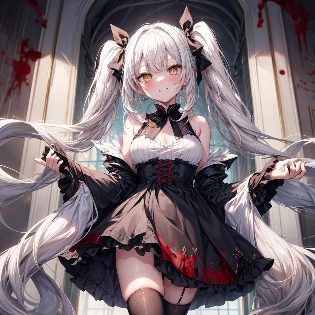 ((Highest quality)), ((masterpiece)), (detailed), nsfw, there is a sexy girl with white hair and white eyes in a dress, 1girl, 独奏, breasts, long hair, thighhighs, yellow eyes, looking at viewer, twintails, black dress, hair ribbon, black ribbon, blush, evil grin, aroused, bare shoulders, (from below), face focus, (blood), skirt lift, frilled panties