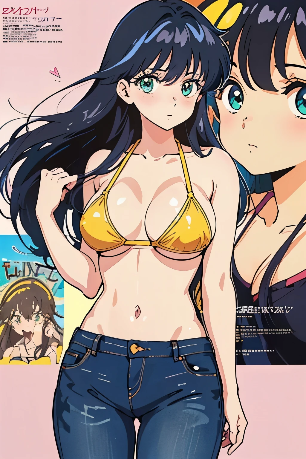 (masutepiece, Best Quality, High resolution:1.5, anime colours, megami magazine:1.2, anime poster style, anime keyvisual, sharp, 8k, photorealistic), (beautiful detailed eyes:1.5, beautiful detailed face:1.2), madoka ayukawa, 1girl, blush, (black hair, Long Hair), (sagging large breasts), (yellow bikini), short denim, cowboy shot, (Perfect detailed Anatomy, beautiful detailed hair, beautiful detailed body:1.2, shiny skin), (thick outline, Beautiful outlines, black outlines), simple background