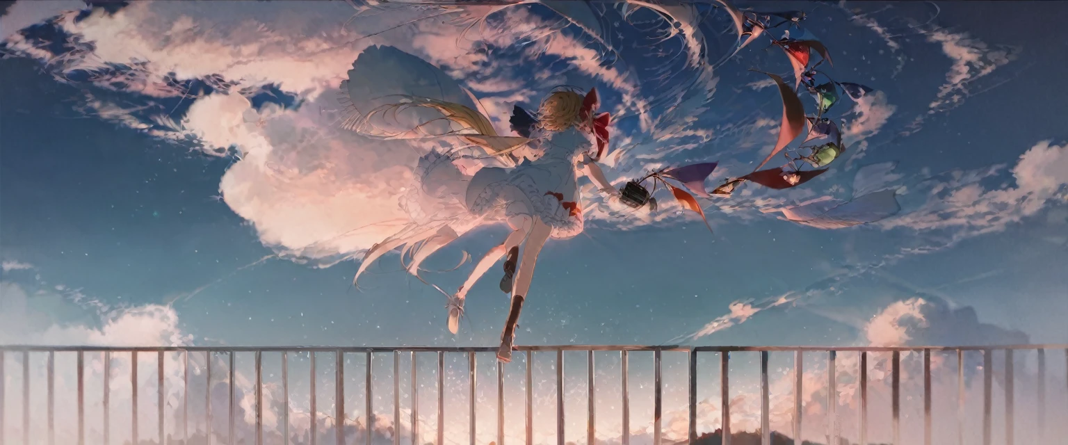 high quality, best quality, by rella, 1girl, flandre_scarlet, solo, sky, cloud, scenery, outdoors, dress, contrail, railing, day, blue sky, white dress, short sleeves, wide shot, camera, black socks, centered