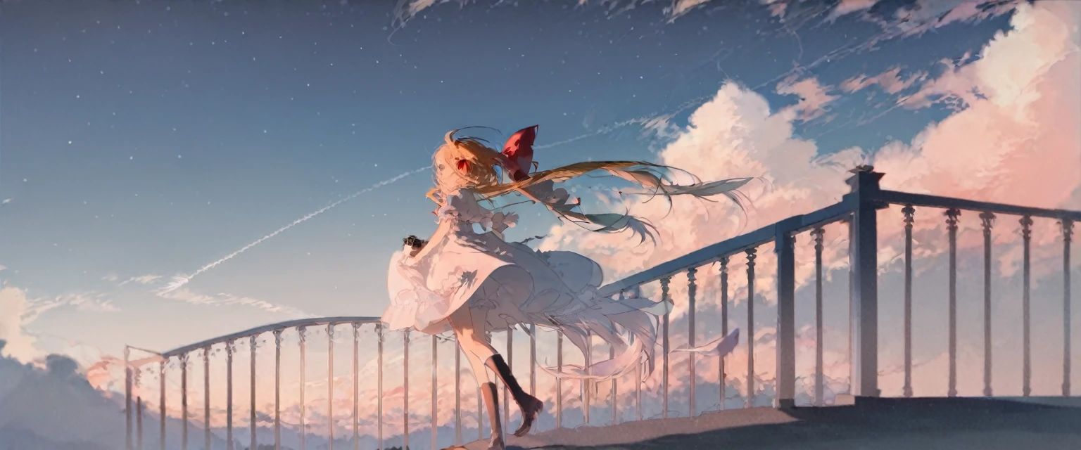 high quality, best quality, by rella, 1girl, flandre_scarlet, solo, sky, cloud, scenery, outdoors, dress, contrail, railing, day, blue sky, white dress, short sleeves, wide shot, camera, black socks, centered