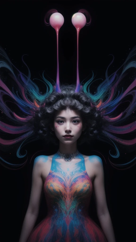 (psychedelic art:1.5), (from low:1.2), intricate dress, trunk, eyes locked,