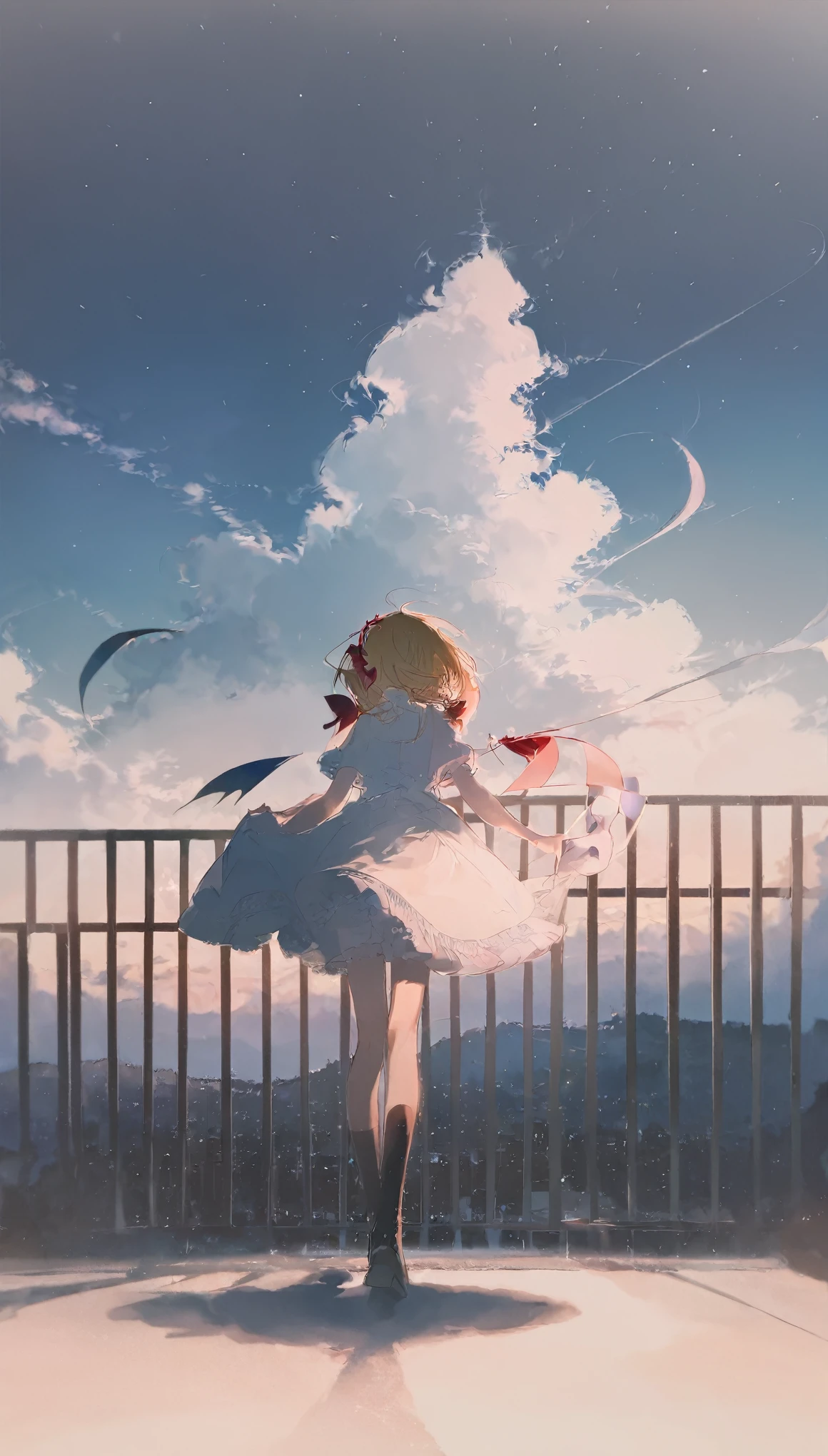 high quality, best quality, by rella, 1girl, flandre_scarlet, solo, sky, cloud, scenery, outdoors, dress, contrail, railing, day, blue sky, white dress, short sleeves, wide shot, camera, black socks, centered
