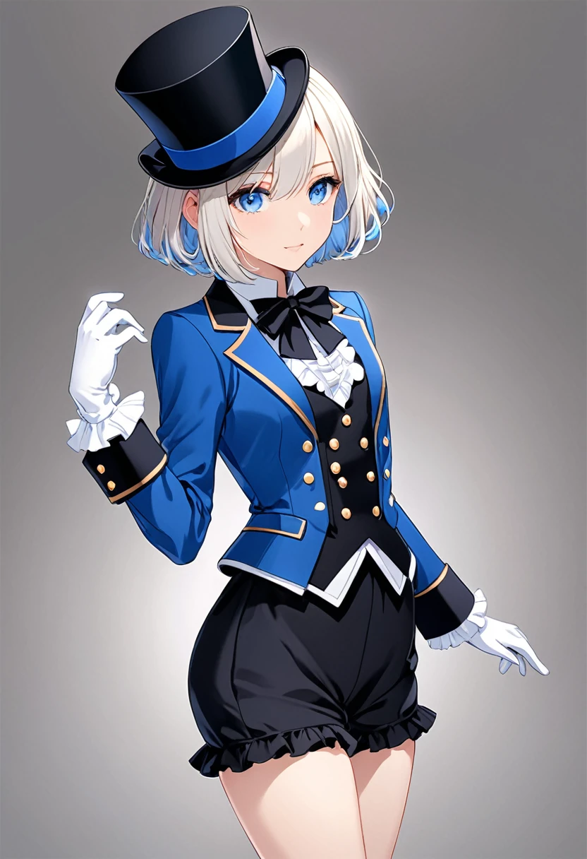 high quality, female, pale hair, Short Bob, Blue Eyes, Small breasts Shorts, French black formal dress with frilled tie, Blue jacket, Blue Top Hat, White gloves,ruffled black heels