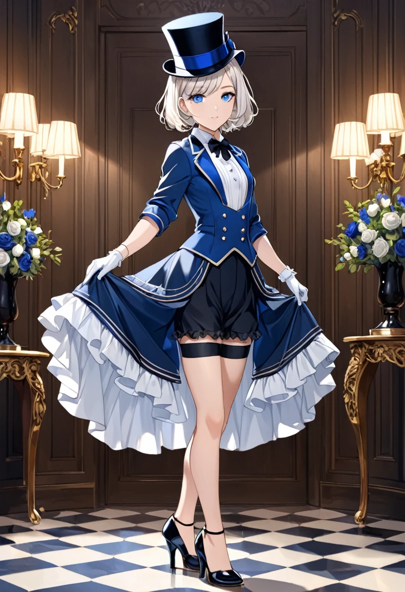 high quality, female, pale hair, Short Bob, Blue Eyes, Small breasts Shorts, French black formal dress with frilled tie, Blue jacket, Blue Top Hat, White gloves,ruffled black heels