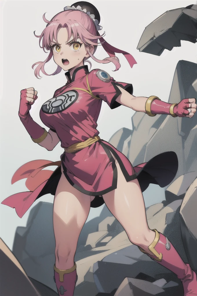 (masterpiece, best quality:1.1), (open mouth, clenched fist, action pose,:1.1), maam, dragon quest, 1girl, solo, big breasts:1.6, looking at viewer, short hair, pink hair, parted bang, (bun cover,:1.1) yellow eyes, fingerless gloves, pink gloves, chinese clothes, Red dress, ribbon, boots, white background