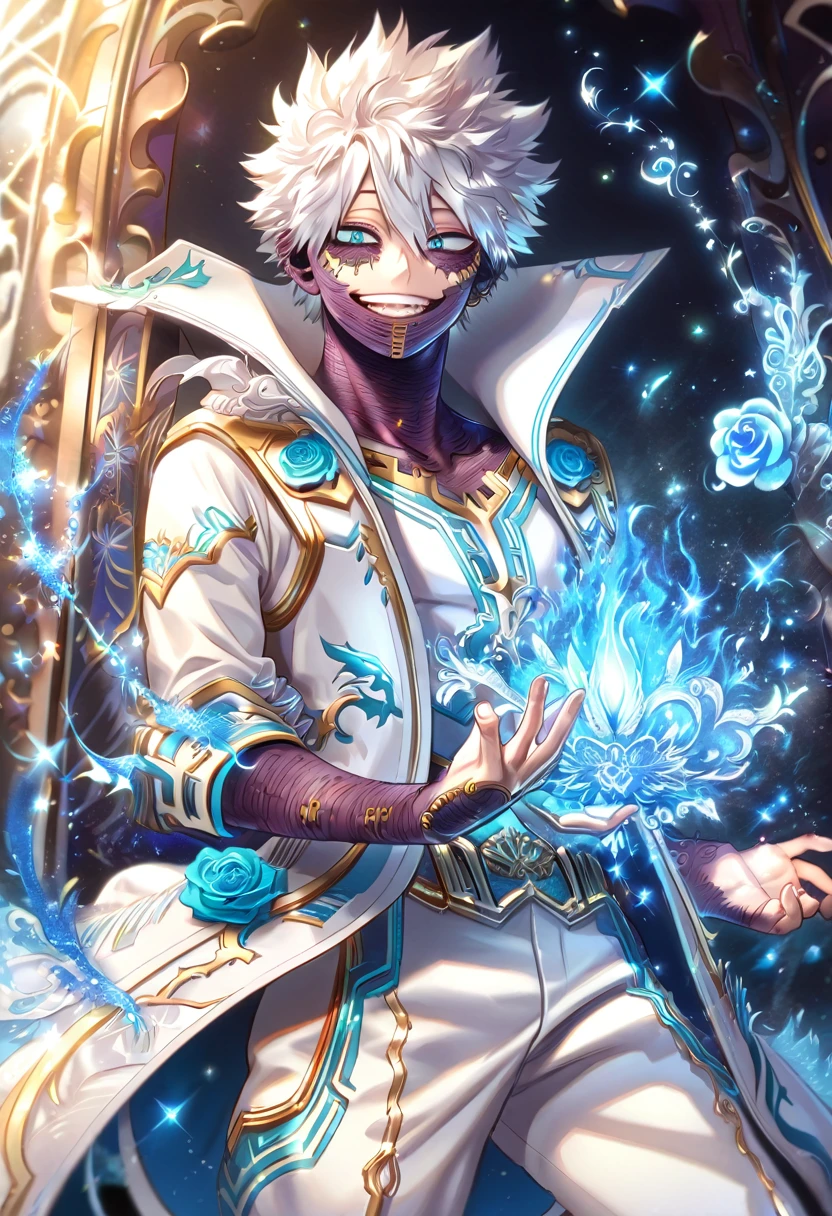 (absurdres, highres, ultra detailed, HDR) master piece, best quality, extremely detailed face, delicated features, Dabi, white hair, expressive turquoise eyes, Boku No Hero Academia, solo, sexy man, handsome, smile, white coat, white pants, magical fantasy, glittering, sparkling, blue roses, radiant, blue sparkling fireflies, blue fire, envy magical, fantasy
