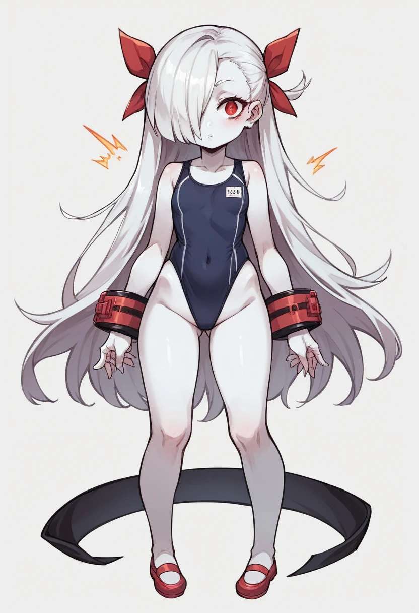 masterpiece,Highest quality,High resolution,shape,Very detailed,8K ,Super adopted, Super detailed girls, Ultra-fine illustrations, break, Perfect female body, high school student, One Girl, Black oversized swimsuit, White background, Large Chest, (Emphasis on the crotch)) White semi-long hair, (((Full body image))), (Hair on one eye:1.6), (White skin), Red Eyes,