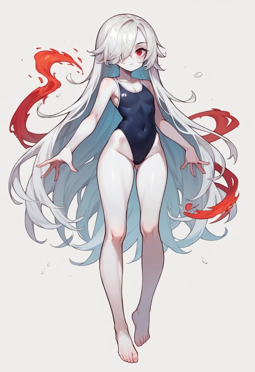 masterpiece,Highest quality,High resolution,shape,Very detailed,8K ,Super adopted, Super detailed girls, Ultra-fine illustrations, break, Perfect female body, high school student, One Girl, Black oversized swimsuit, White background, Large Chest, (Emphasis on the crotch)) White semi-long hair,  (((Full body image))), (Hair on one eye:1.6), (White skin), Red Eyes,