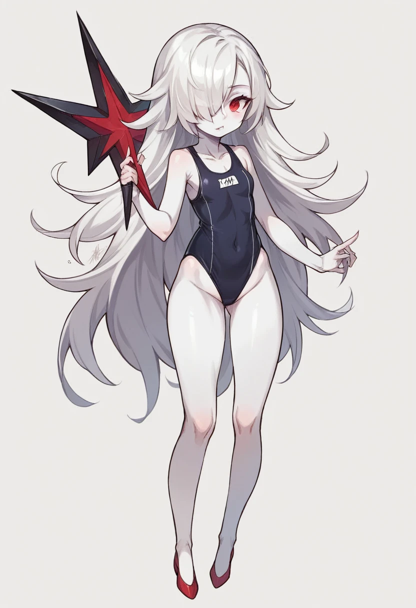 masterpiece,Highest quality,High resolution,shape,Very detailed,8K ,Super adopted, Super detailed girls, Ultra-fine illustrations, break, Perfect female body, high school student, One Girl, Black oversized swimsuit, White background, Large Chest, (Emphasis on the crotch)) White semi-long hair,  (((Full body image))), (Hair on one eye:1.6), (White skin), Red Eyes,