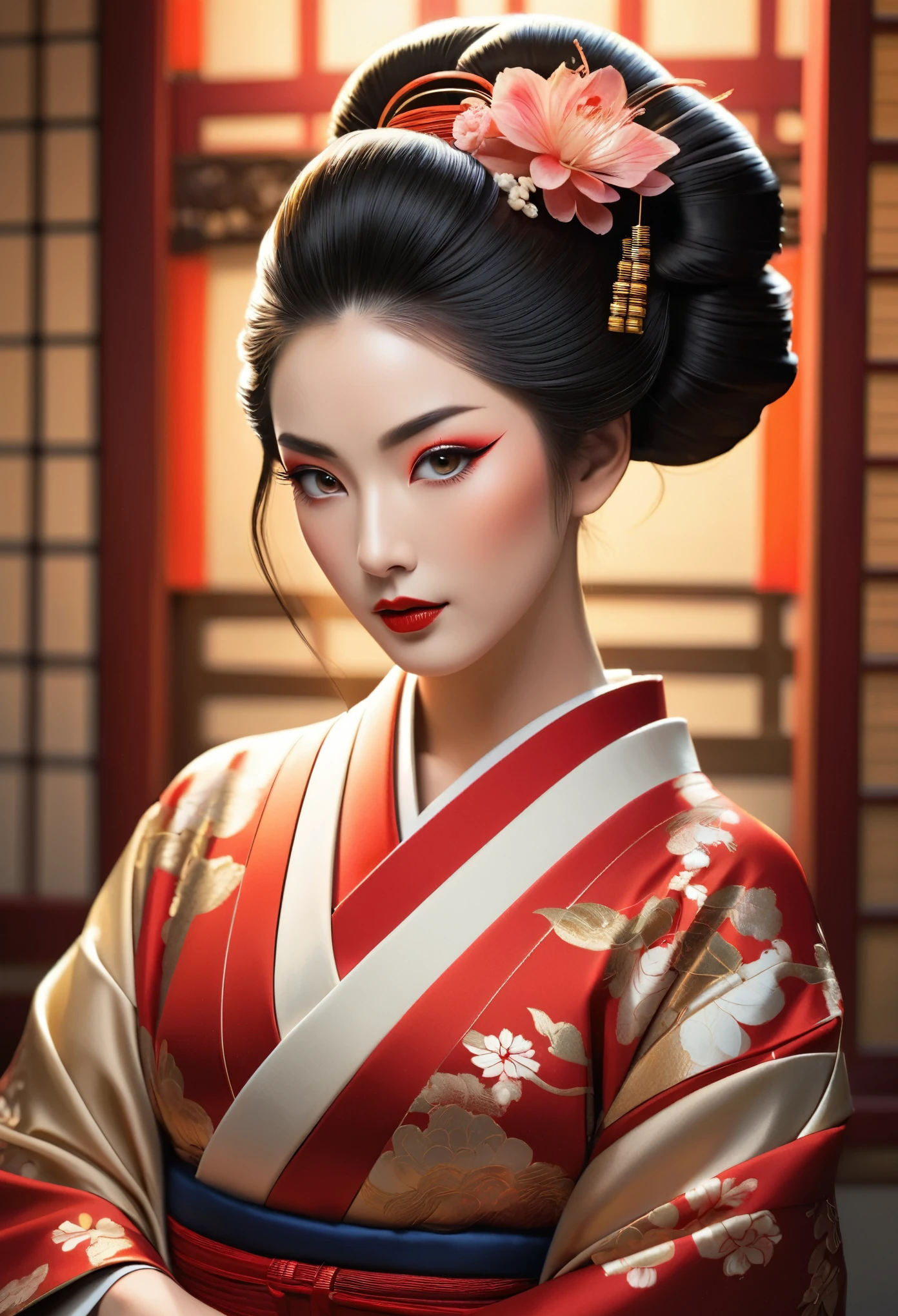 A highly detailed full-body portrait of a geisha, intricate hyper-detailed octane rendering, symmetric pose, beautiful detailed eyes, beautiful detailed lips, extremely detailed face and skin, long eyelashes, elegant kimono, traditional hairstyle, delicate facial features, serene expression, dramatic lighting, warm color palette, cinematic composition, masterpiece, photorealistic, (She is half French, and is a stunning beauty with detailed eyes and a high nose:1.6), thick eyebrows, detailed facial features, long graceful neck,