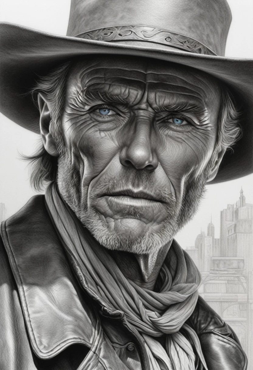 portrait, [:light Blue:15] eyes, Intricate lines, highly detailed, B&EM, monochrome, black and white, graphite, pencil painting, charcoal, (High contrast:1.1), An Old West gunslinger, with a determined look and a gun in his he. The image is inspired by the works of Clint Eastwood, such as "The Lone Gunman" and "The Good, the Bad and the Ugly". The gunslinger must have an air of mystery and danger, as if he were about to face a deadly duel. Colors must be vibrant and contrasting, like those of Alphonse Mucha. The details must be delicate and complex, like Mucha's. The strokes should be thick and almost erased, like street art prints. The lines that delimit shapes should privilege more gross and straight angles.