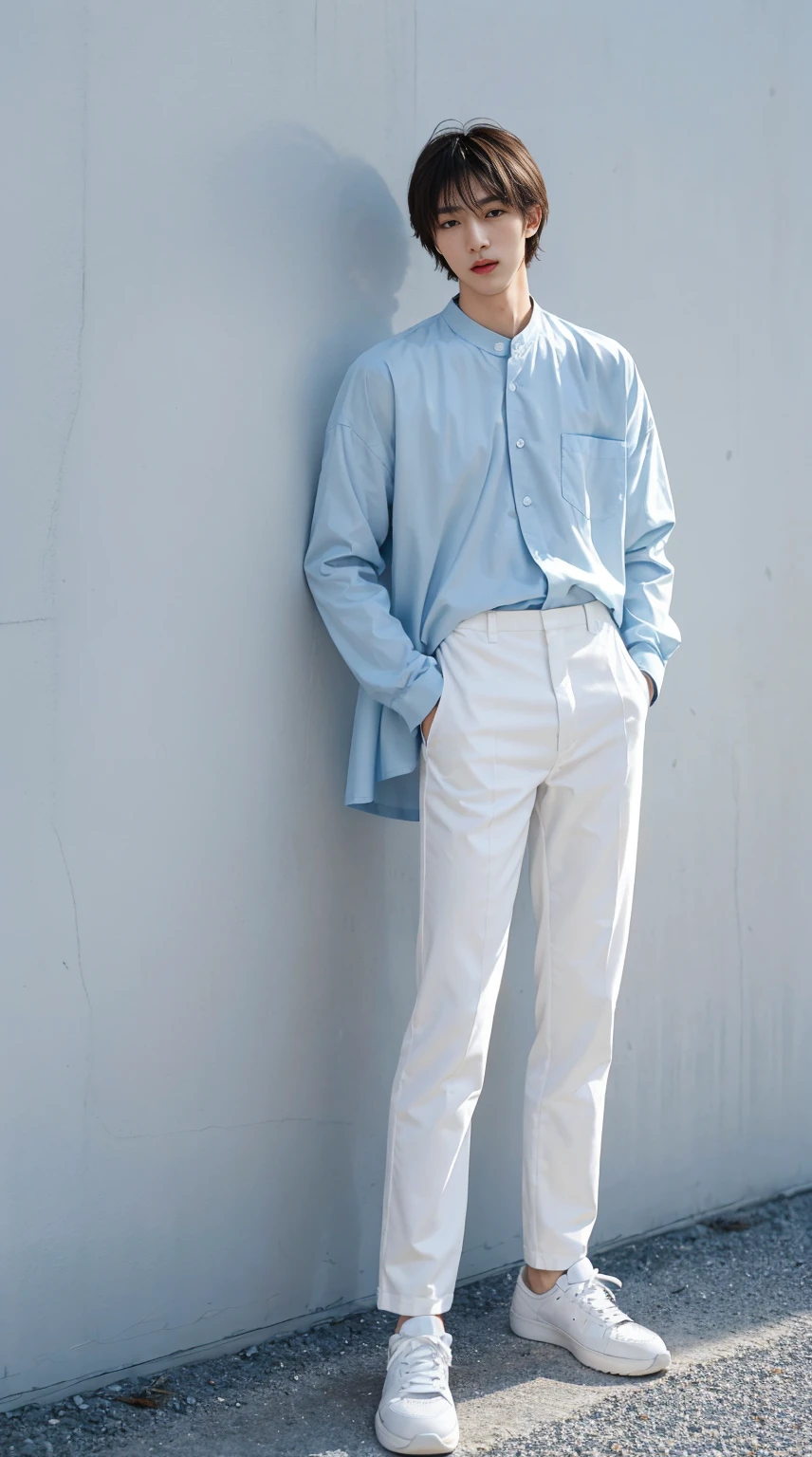 Japanese male with a height of 175 cm，Slender body with slightly muscular lines。Roll up light blue long sleeve shirt，roll up shirt,Wearing white fine pants。Wearing all-white sneakers，high-end watches，hair is brown,Realistic shadows