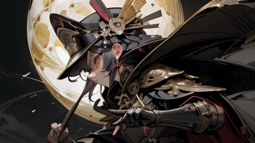masterpiece,best quality,super detailed,super fine illustration,anime style,8K,mascarede mask,uniform,military cap,Cape,sheath,(holding in right hand:1.3_katana),Taisho Romance,moon,robot,MECA,droid,perfect mask,cool posing,perfect hands,