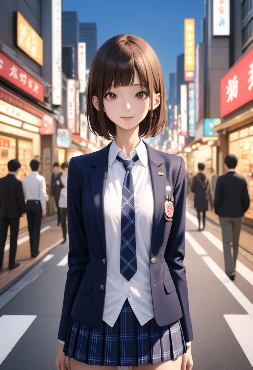 (masterpiece,Highest quality:1.3,best quality illustration),realistic,cowboy shot,1woman,20 year old Japanese beauty,very small head,(short bob brown hair),bangs,brown eyes,gorgeous eyes,blush,smile,medium breasts,((very long body:1.3)),((toned body,slender body,skinny:1.4)),(School uniform、Dark blue blazer jacket、White shirt、Navy blue tie、Dark blue plaid pleated mini skirt),gleaming skin,shiny skin,standing,on street、Tokyo,
