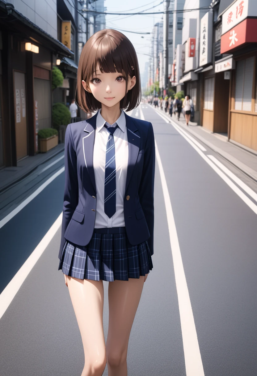 (masterpiece,Highest quality:1.3,best quality illustration),realistic,cowboy shot,1woman,20 year old Japanese beauty,very small head,(short bob brown hair),bangs,brown eyes,gorgeous eyes,blush,smile,medium breasts,((very long body:1.3)),((toned body,slender body,skinny:1.4)),(School uniform、Dark blue blazer jacket、White shirt、Navy blue tie、Dark blue plaid pleated mini skirt),gleaming skin,shiny skin,standing,on street、Tokyo,
