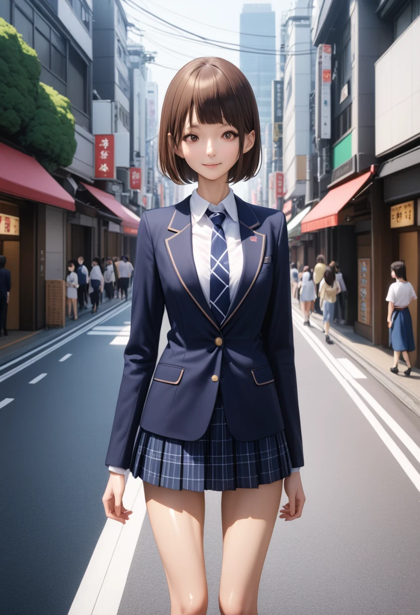 (masterpiece,Highest quality:1.3,best quality illustration),realistic,cowboy shot,1woman,20 year old Japanese beauty,very small head,(short bob brown hair),bangs,brown eyes,gorgeous eyes,blush,smile,medium breasts,((very long body:1.3)),((toned body,slender body,skinny:1.4)),(School uniform、Dark blue blazer jacket、White shirt、Navy blue tie、Dark blue plaid pleated mini skirt),gleaming skin,shiny skin,standing,on street、Tokyo,