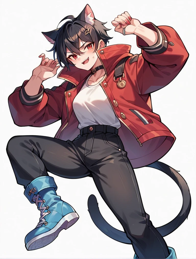 A 23-year-old girl, wearing a red jacket and black pants, with cat ears, a black tail, and blue boots.