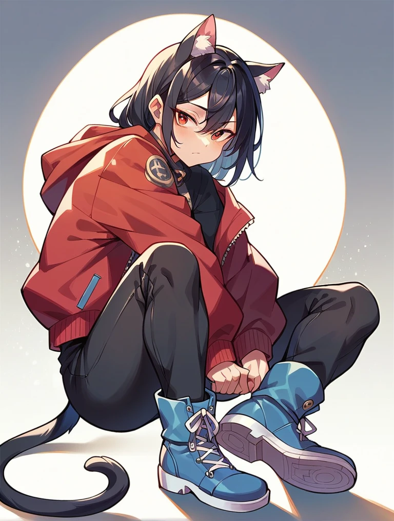 A 23-year-old girl, wearing a red jacket and black pants, with cat ears, a black tail, and blue boots.